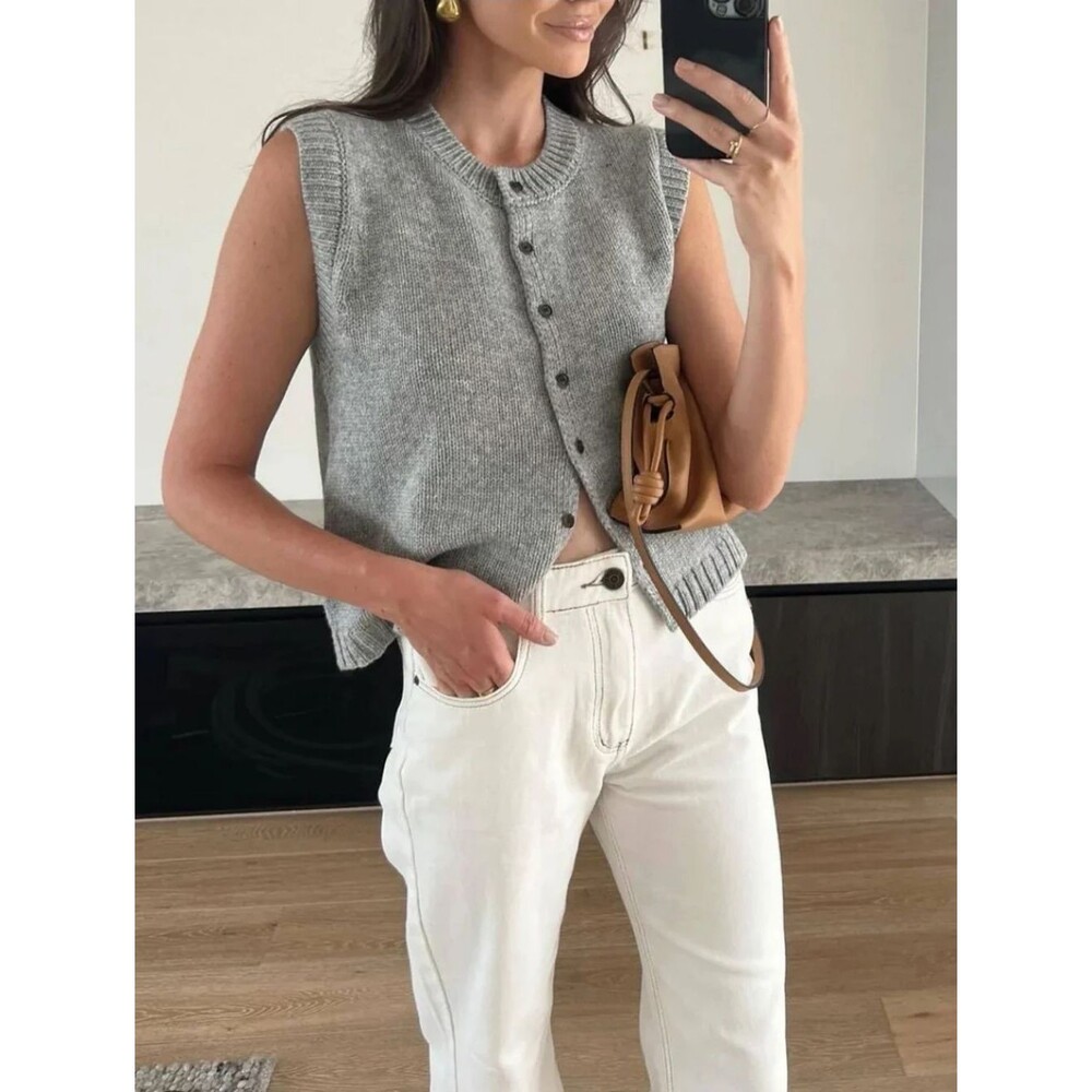 Sleeveless Button Knit Vest Gray XS Old Money Quiet Luxury Classic Preppy Chic